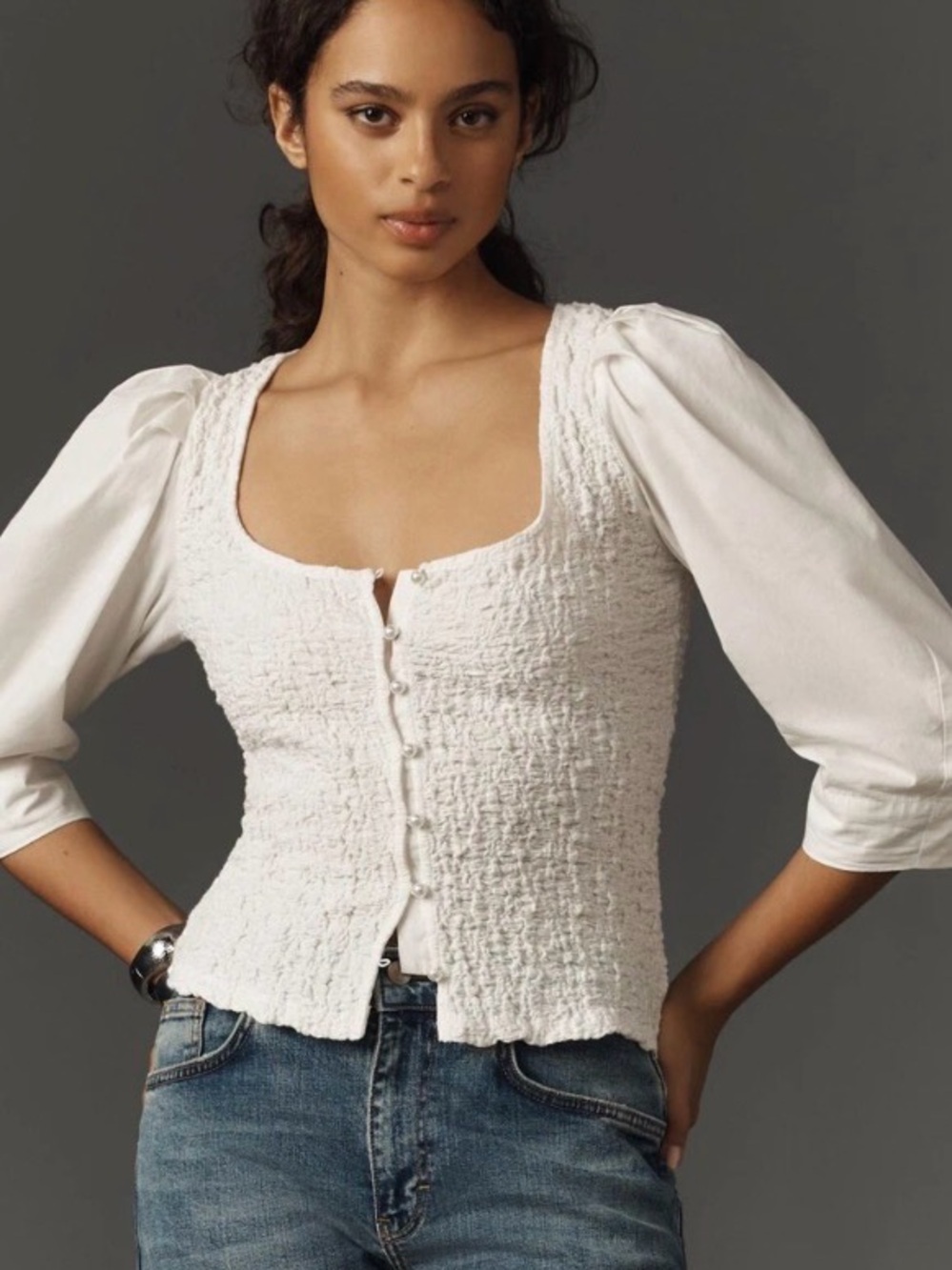 By Anthropologie Smocked Cardigan Top White Buttondown Blouse size xxs nwt